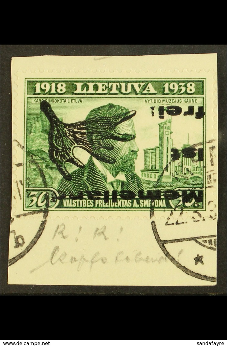 1939 30c Green With "Memelland Ist Frei" Type II INVERTED OVERPRINT Variety, Michel II K, Very Fine Used On Piece. Fresh - Autres & Non Classés