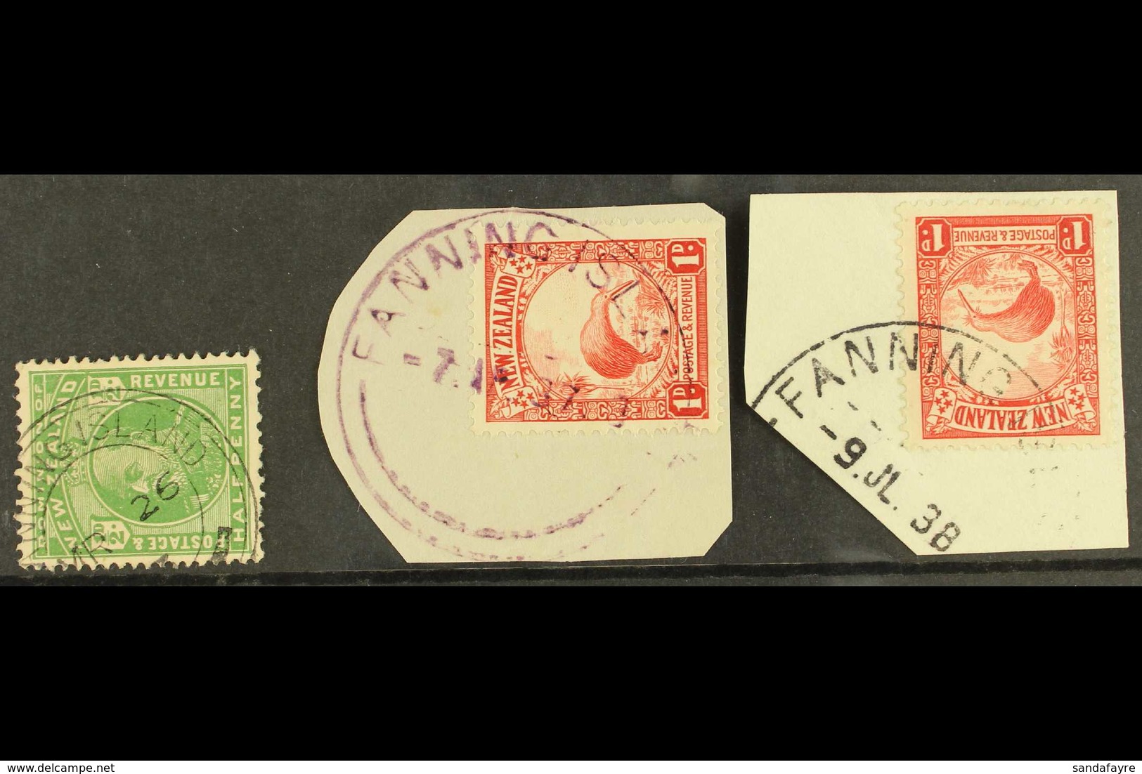 FANNING ISLAND New Zealand Used In, With 1909-12 KE ½d With Type Z1 Cds, Then 1d Kiwi On Two Pieces With 1937 (violet) A - Îles Gilbert Et Ellice (...-1979)