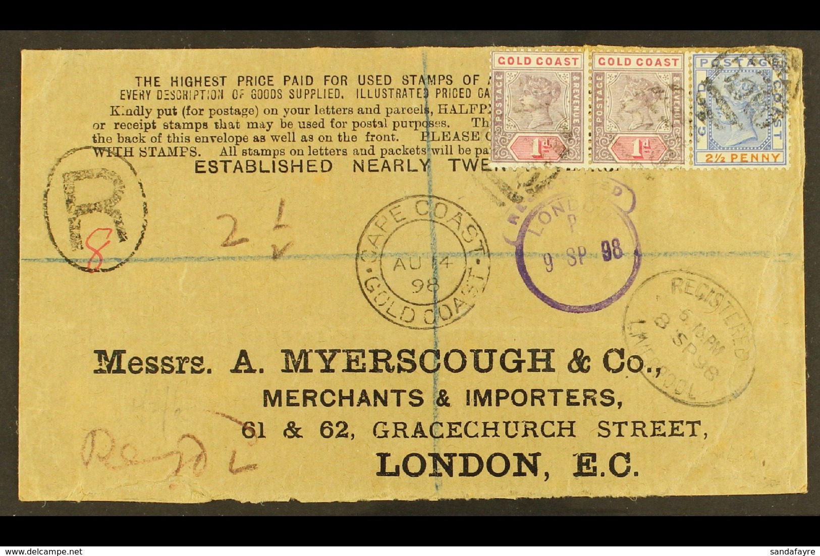 1898 (14 Aug) Registered Cover With Printed Stamp Dealer's Advert Addressed To London, Bearing 1884-91 2½d & 1898-1902 1 - Côte D'Or (...-1957)