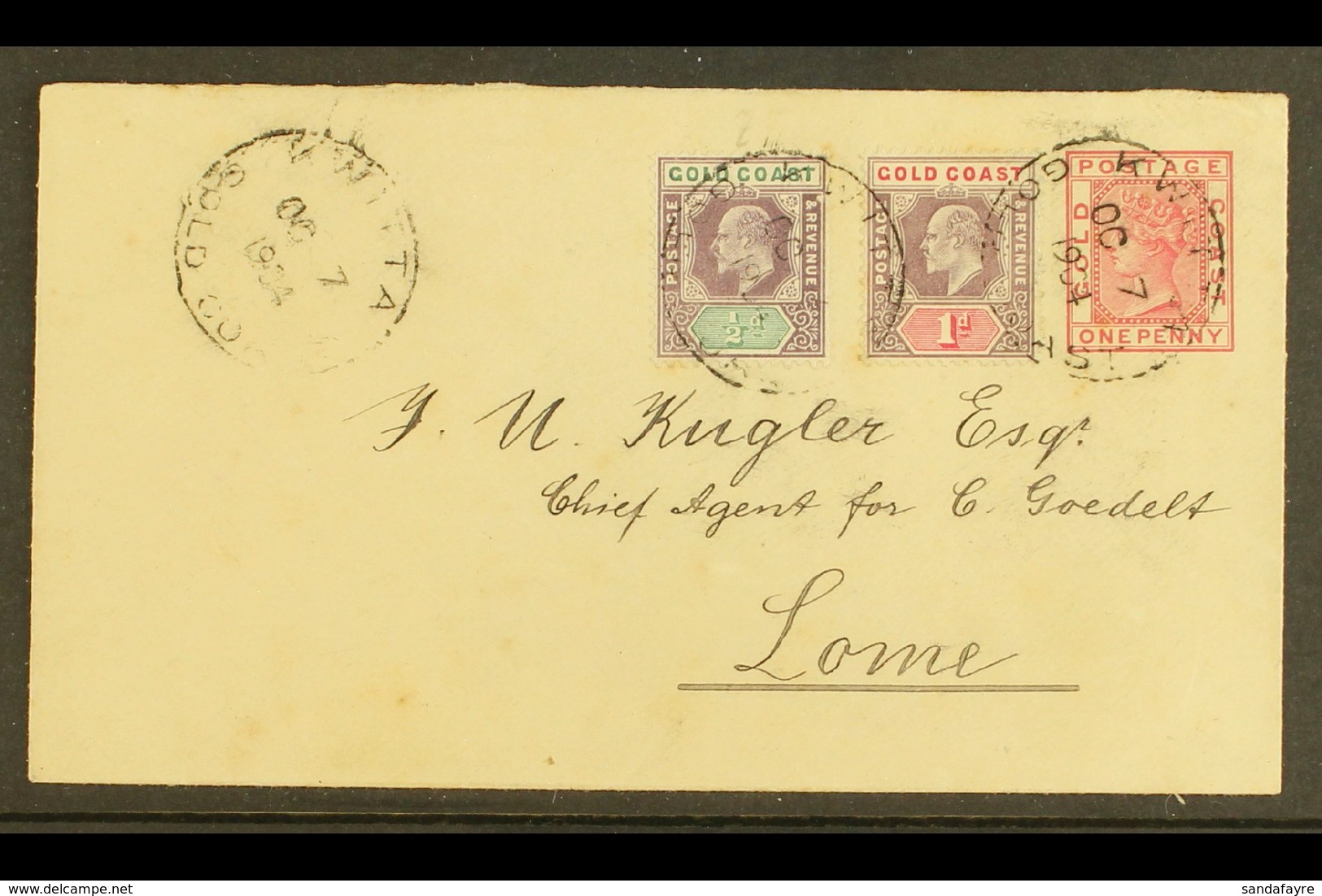 1904 POSTAL STATIONERY ENVELOPE TO TOGO (Oct 7th) Uprated (1899) 1d Postal Stationery Envelope, H/G B1, Bearing Addition - Côte D'Or (...-1957)