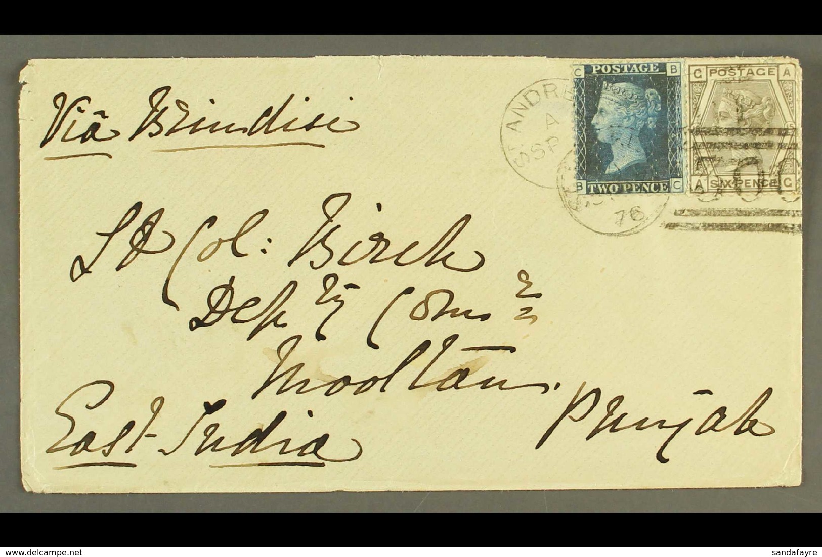 1876 (Sept) Env From St Andrews (Scotland) To A Lt Col Birch At Mooltan, Punjab, East India Bearing GB 1858-79 2d Blue P - Sonstige & Ohne Zuordnung