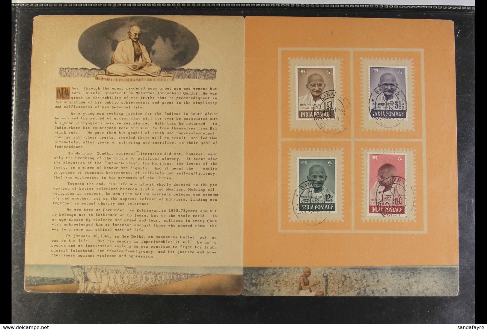 1948 (15 Aug) Gandhi Set Complete (SG 305/8) Tied To Official Special Illustrated Memorial Folder By "BANARAS" Commemora - Sonstige & Ohne Zuordnung