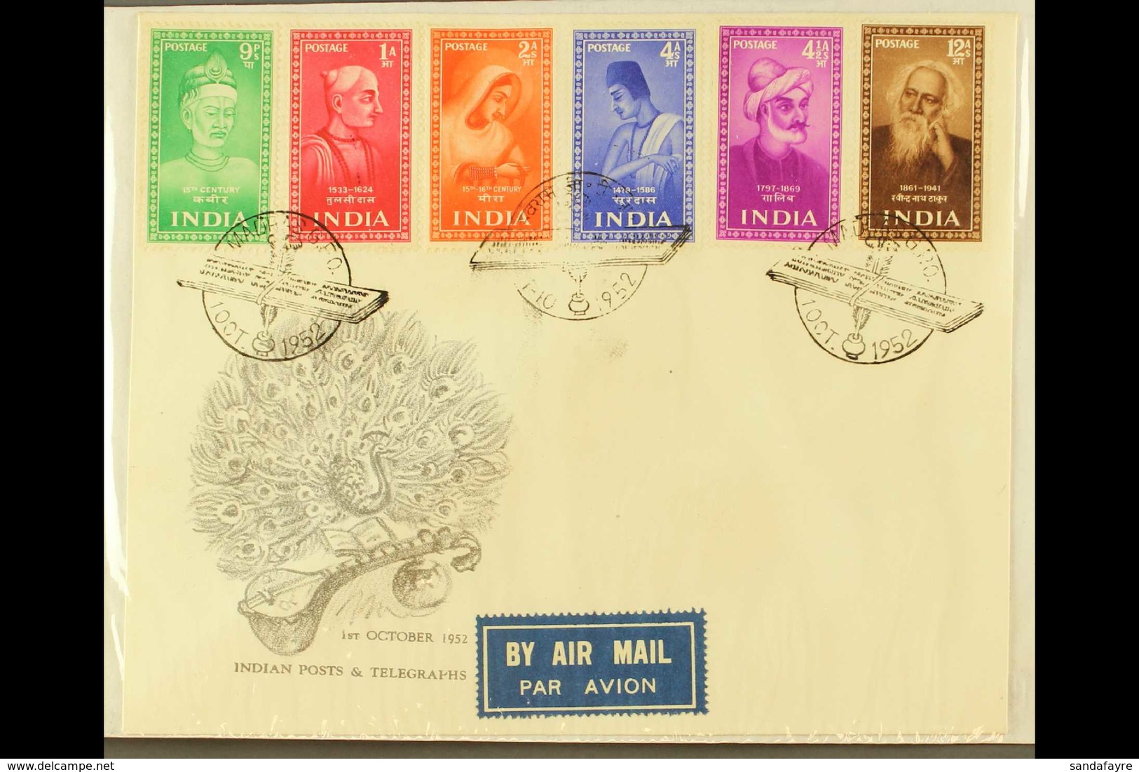 1952 (1 Oct) Indian Saints And Poets Set (SG 337/42) Tied By Special Cancels On First Day Cover, Very Fine Illustrated A - Andere & Zonder Classificatie