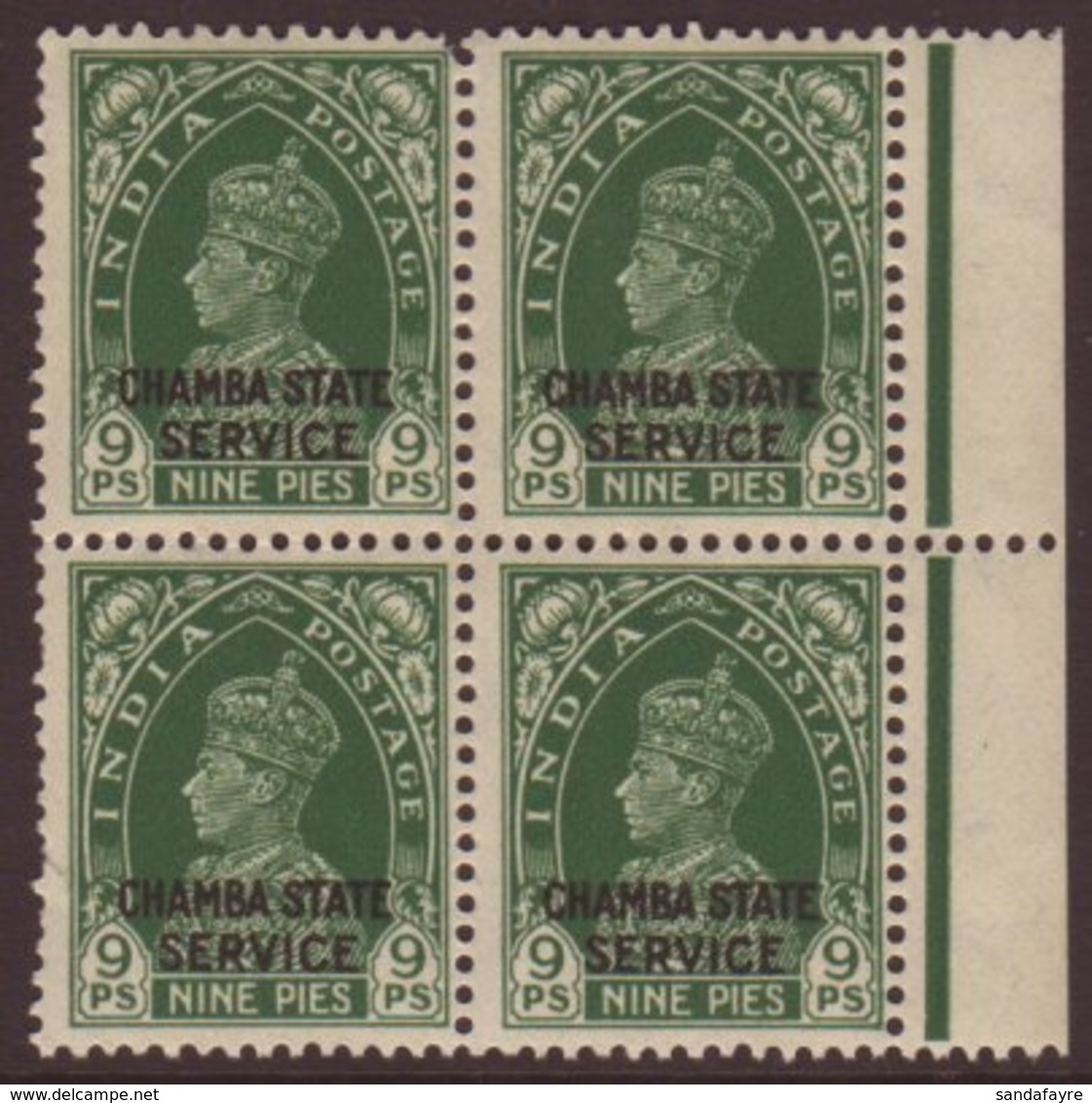 CHAMBA OFFICIAL 1938-40 KGVI 9p Green, SG O66, Never Hinged Mint Marginal BLOCK OF FOUR. For More Images, Please Visit H - Autres & Non Classés