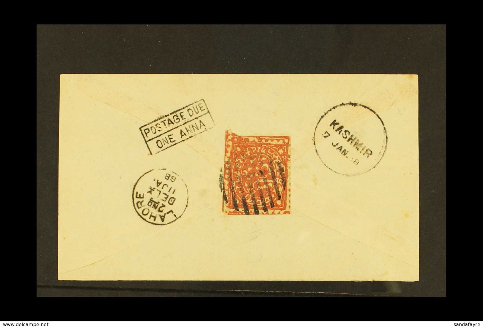 JAMMU & KASHMIR 1888 Cover From Jammu To Lahore Franked Jammu And Kashmir ½a Red, Underpaying The Postage With Fine Boxe - Autres & Non Classés