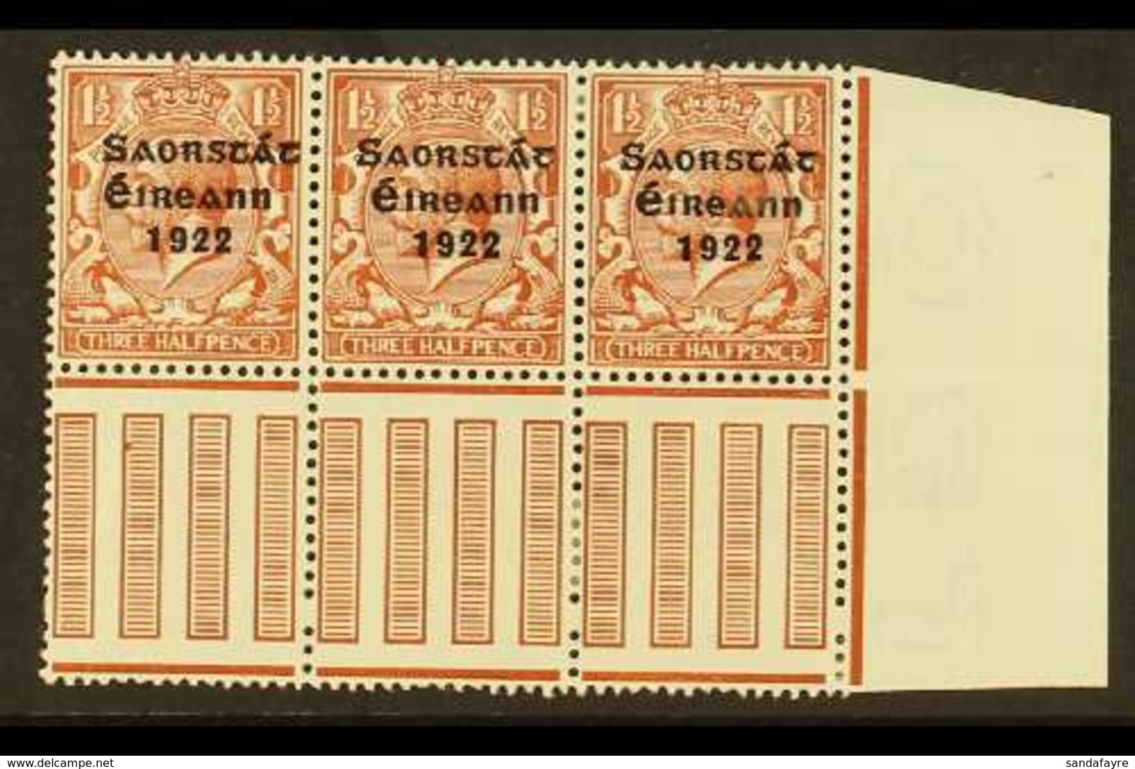 1922-23 VARIETY 1½d Brown (SG 54) Pane Marginal Corner Block Of 3, Incorporates "S Over E" Variety, Row 10, Column 10, H - Other & Unclassified