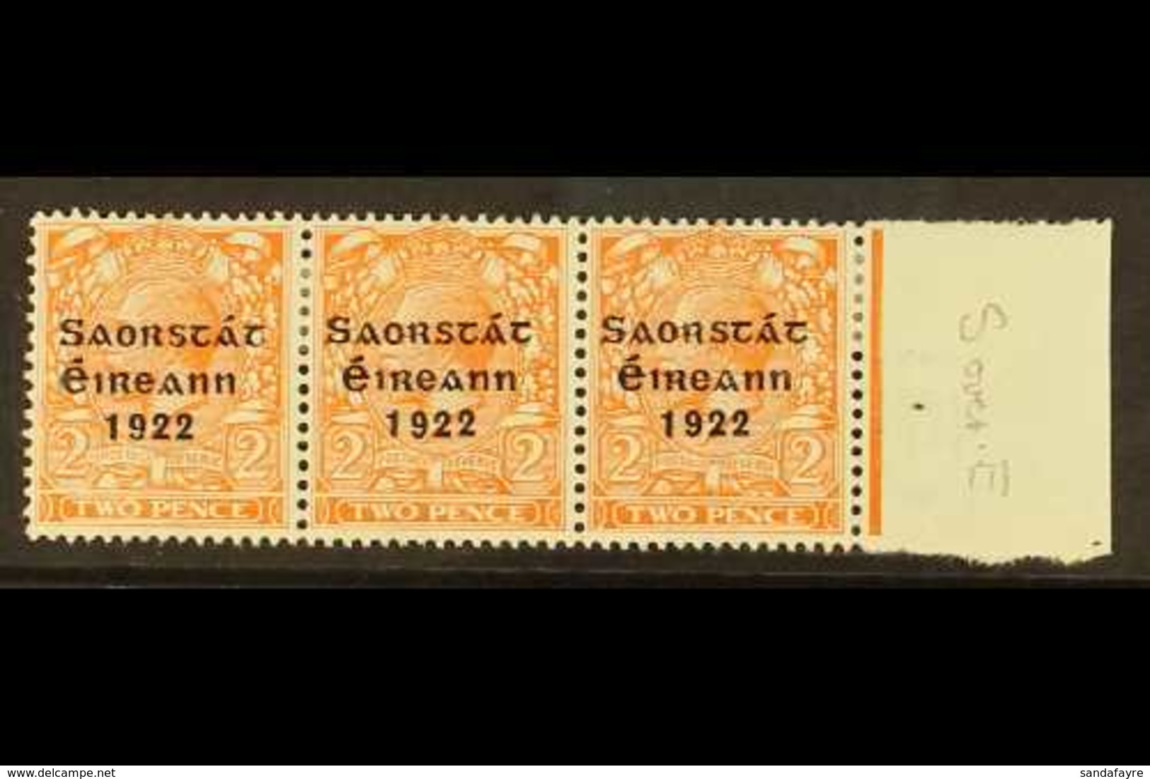 1922-23 VARIETY 2d Orange (SG 55) Marginal Strip Of 3, Incorporates "S Over E" Variety, Row 10, Column 10, Hibernian T50 - Sonstige & Ohne Zuordnung