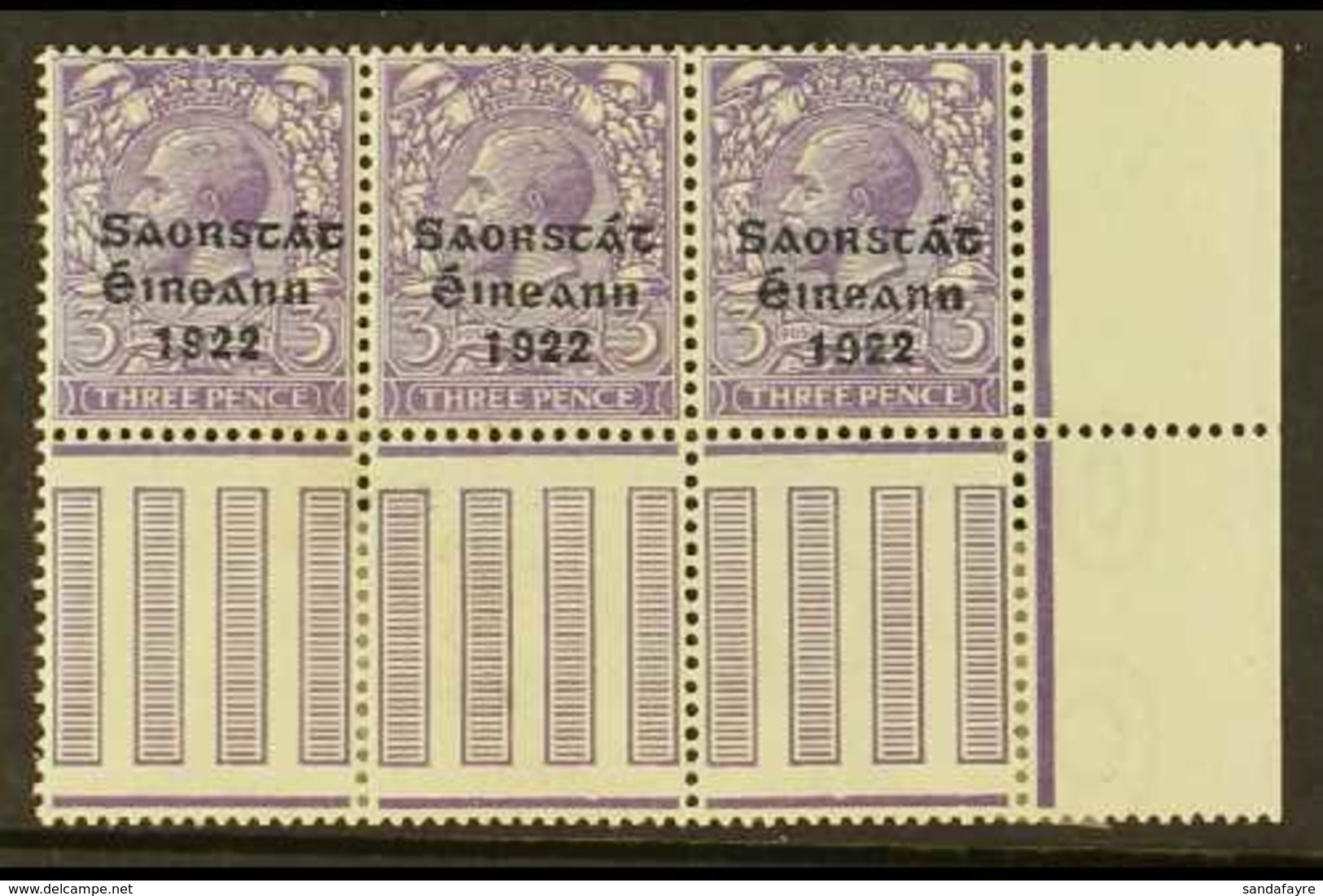 1922-23 VARIETY 3d Bluish Lilac (SG 57) Pane Marginal Corner Strip Of 3, Incorporates "S Over E" Variety, Row 10, Column - Andere & Zonder Classificatie