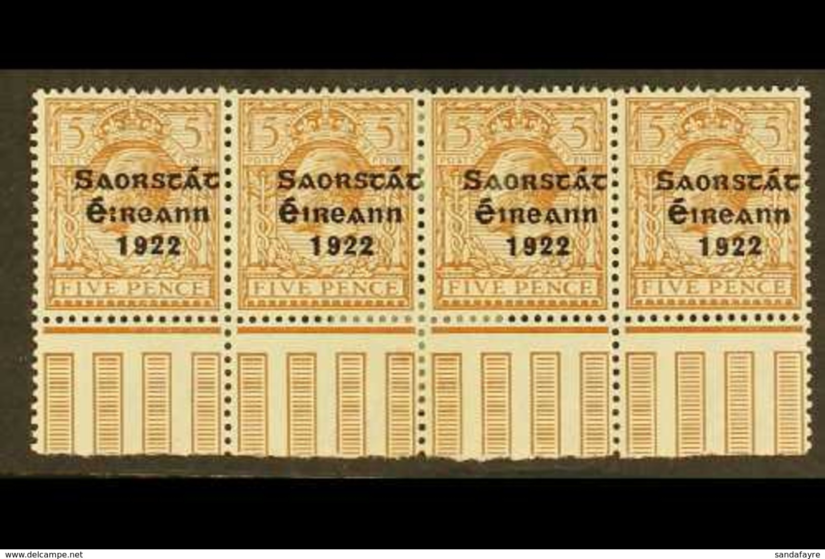 1922-23 VARIETY 5d Yellow Brown (SG 59) Marginal Strip Of 4, Incorporates "S Over E" Variety, Row 10, Column 10 -Setting - Autres & Non Classés