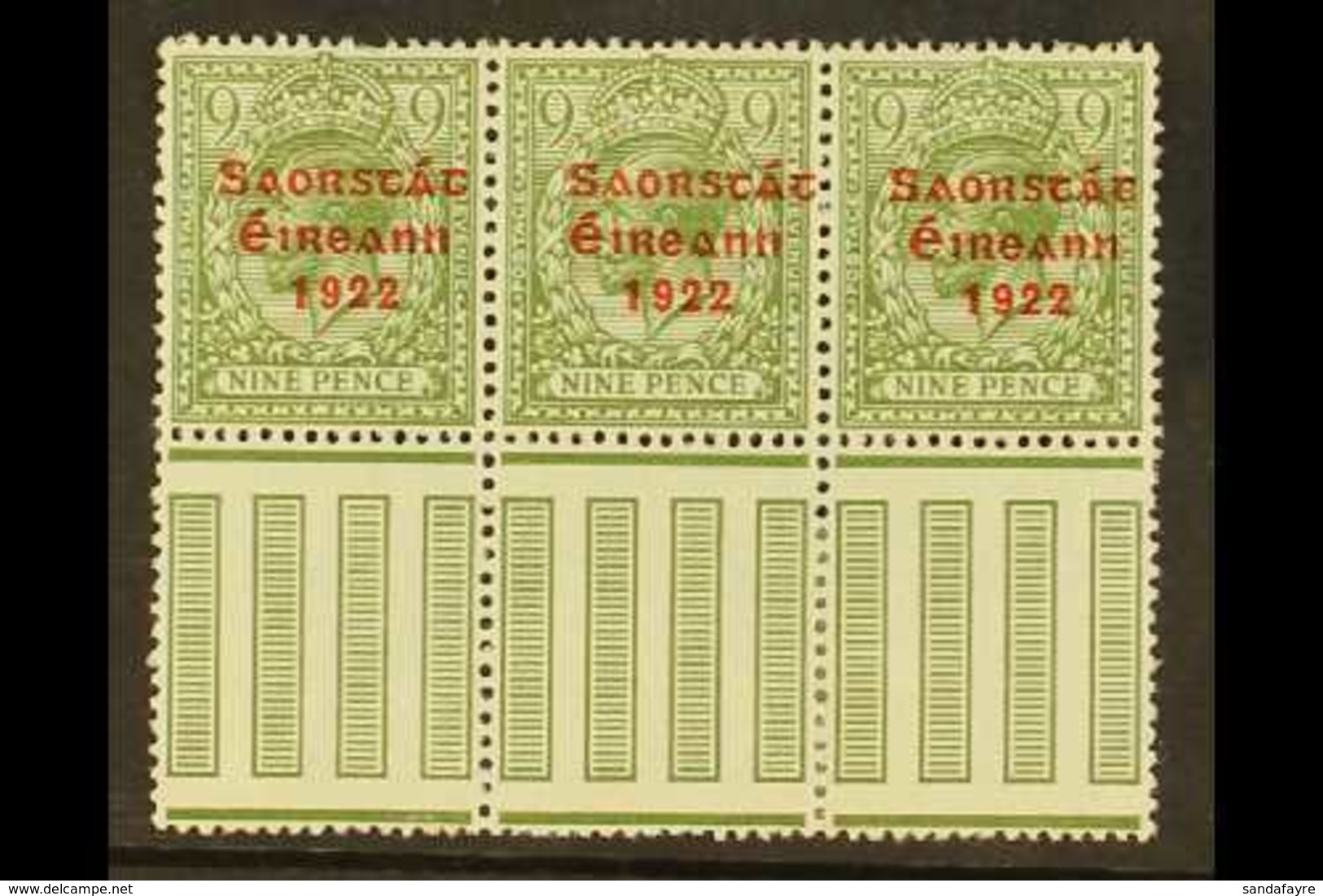 1922-23 VARIETY 9d Olive Green, SG 61, Strip Of 3, incorporates "S Over E" Variety, Row 10, Column 10 - Setting 2, Hiber - Autres & Non Classés