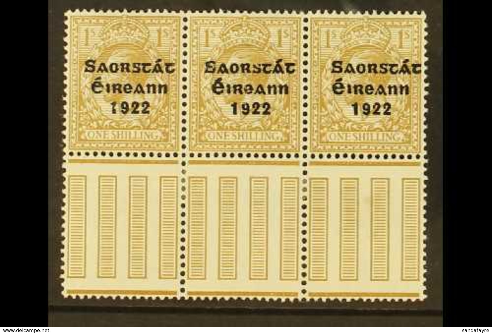 1922-23 VARIETY 1s Bistre Brown, SG 63, Strip Of 3, incorporates "S Over E" Variety, Row 10, Column 10 - Setting 2, Hibe - Andere & Zonder Classificatie