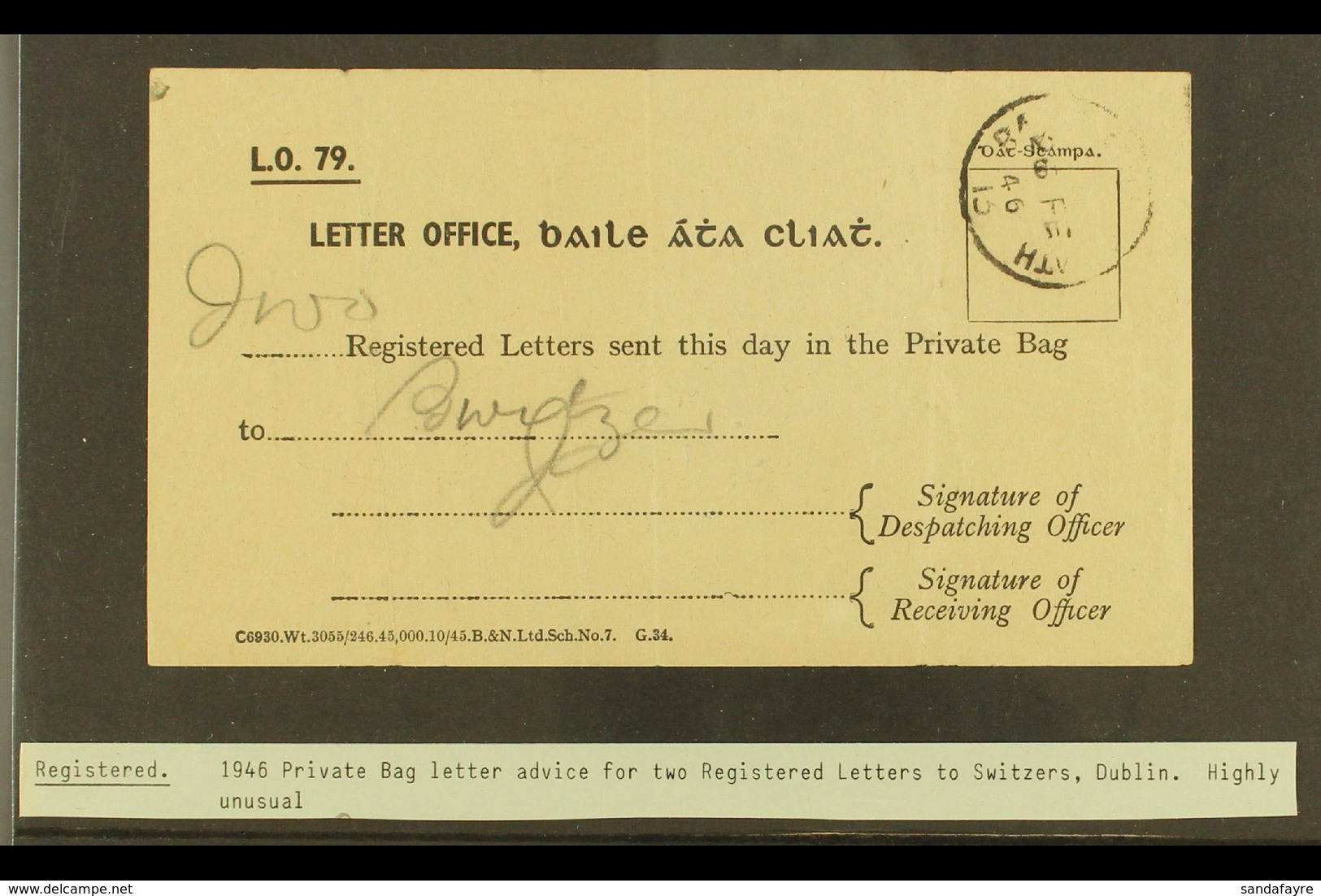 1946 PRIVATE BAG LETTER ADVICE A Scarce Private Bag Receipt For Two Registered Letters  To Switzers In Dublin. For More  - Andere & Zonder Classificatie