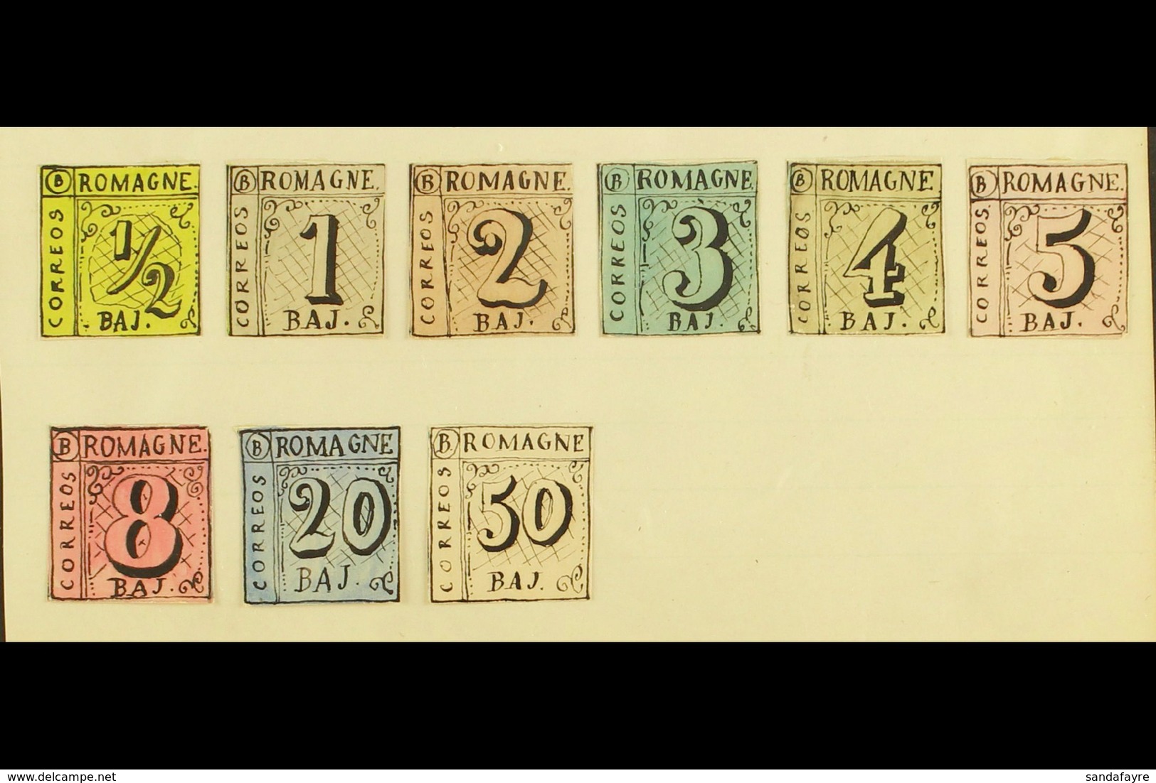 1861 HAND PAINTED STAMPS Unique Miniature Artworks Created By A French "Timbrophile" In 1861. ROMAGNA Nine Different Val - Non Classés