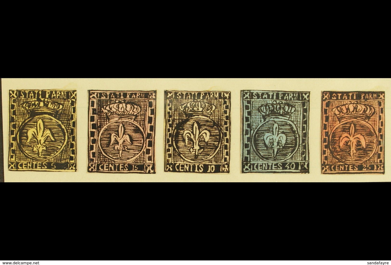 1861 HAND PAINTED STAMPS Unique Miniature Artworks Created By A French "Timbrophile" In 1861. PARMA Five Values, Similar - Ohne Zuordnung
