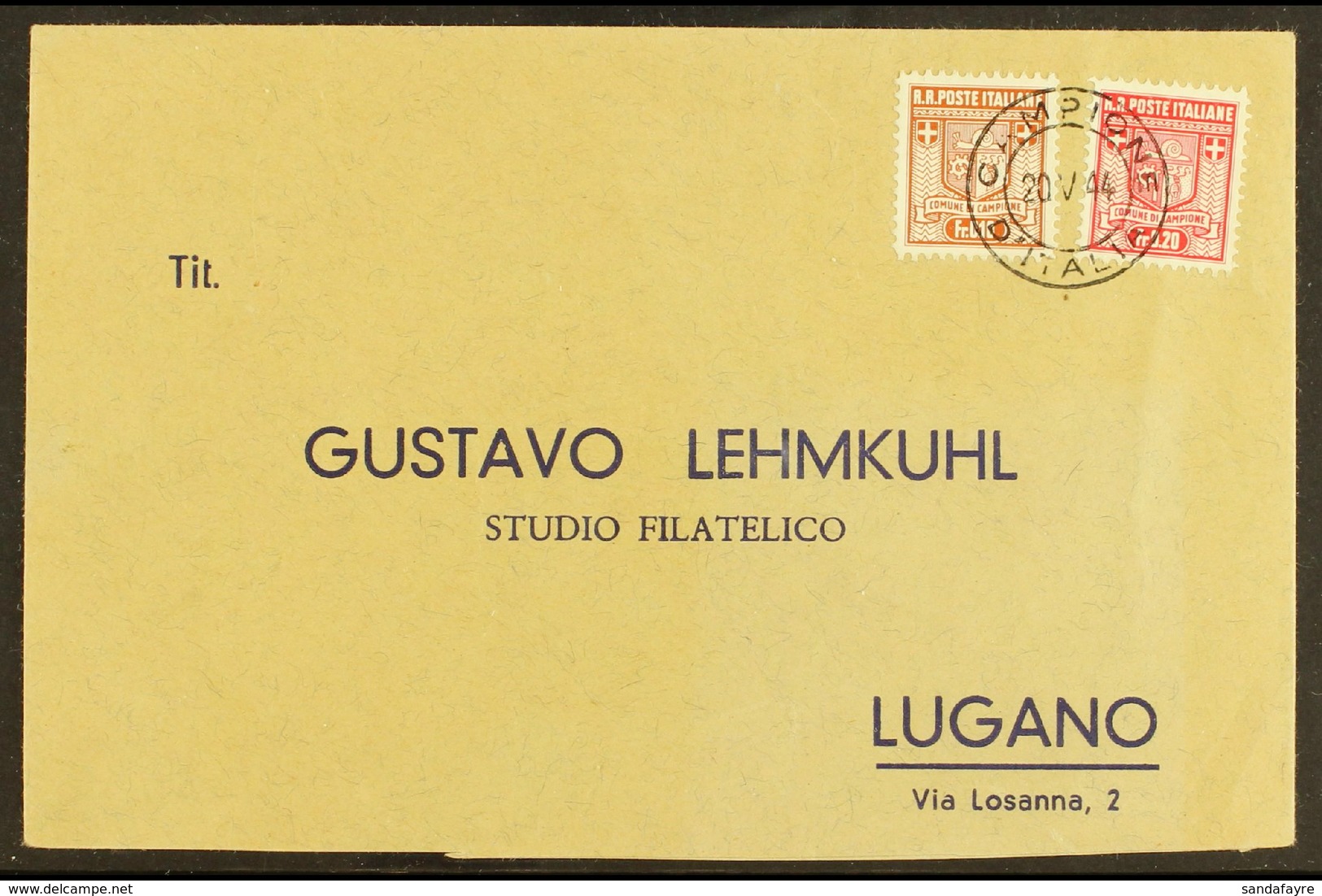 CAMPIONE 1944 (20 May) 10c And 20c Perf 11½, Sass 2a/3a, Very Fine Used On Printed Envelope Tied By Crisp FDI Cds. The E - Non Classés