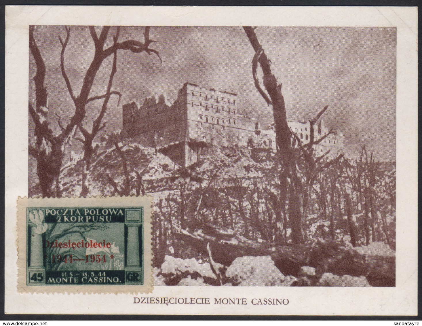 POLISH CORPS IN ITALY 1954 10th Anniversary Of Monte Cassino, 45gr Dark Green , Variety "ovptd In Vermilion", Sass 7, Ve - Sin Clasificación