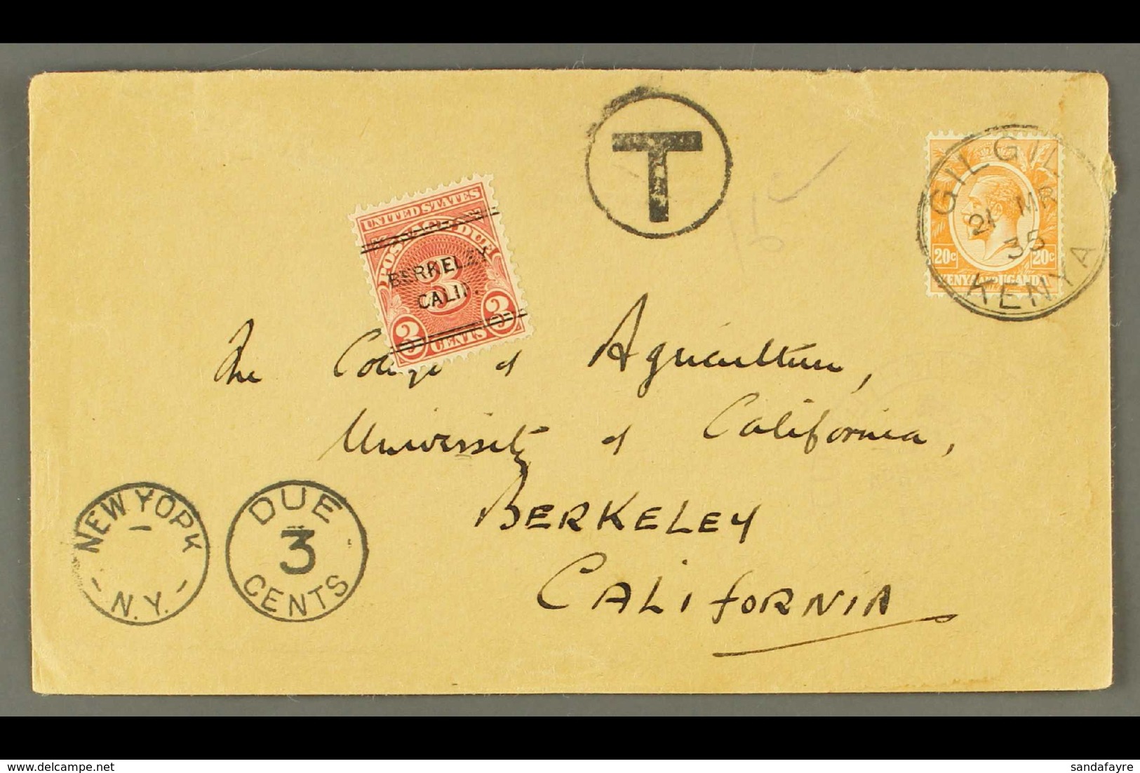 1935 UNDERPAID MAIL TO USA Delightful Envelope To California, Bearing 20c Orange Tied Gilgil/Kenya Cds, And On Arrival A - Vide