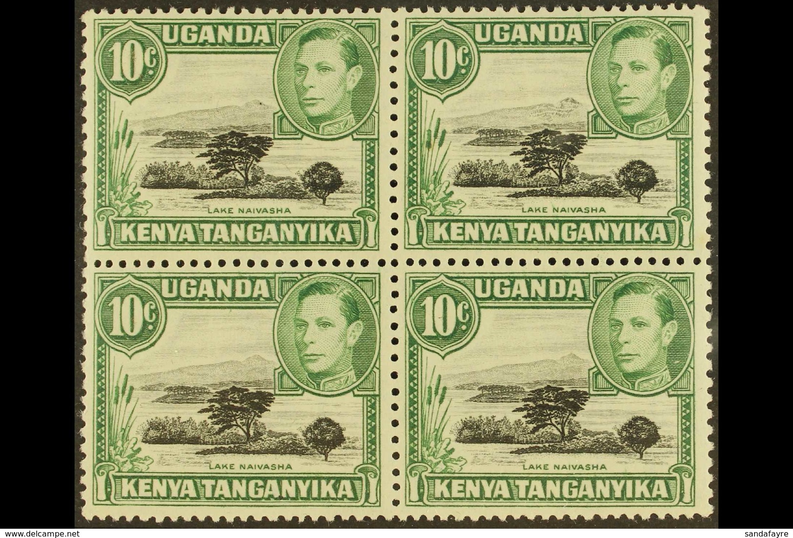 1938-54 10c Black And Green Block Of Four With One Stamp (top Right) Showing The MOUNTAIN RETOUCH, SG 135+135a, Never Hi - Vide