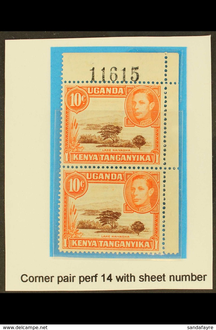 1941 10c Red-brown And Orange, Perf 14, SG 134b, A Never Hinged Mint CORNER PAIR With Sheet Number In Top Margin. (2 Sta - Vide