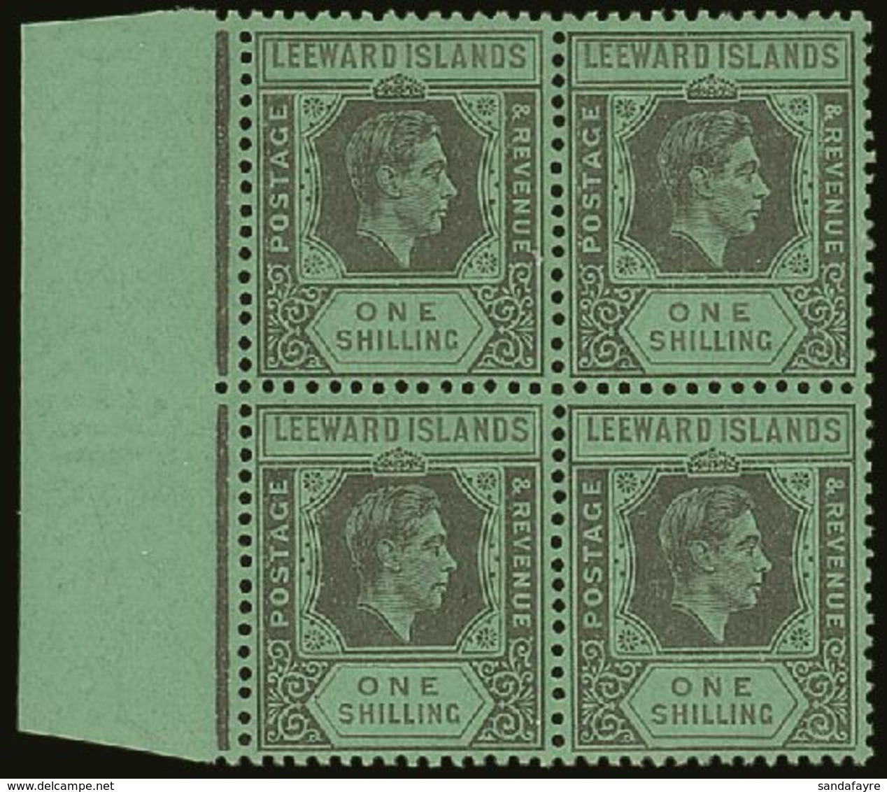 1942 1s Black And Grey / Emerald, SG 110bb, Very Fine Mint BLOCK OF 4 With Sheet Margin At Left. A Very Scarce Multiple. - Leeward  Islands