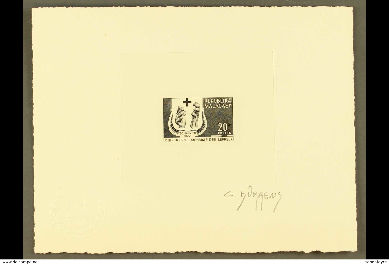 1966 SIGNED SUNKEN IMPERF DIE PROOF For The 20f World Leprosy Day (Yvert 418, SG 110), Printed In Black On Card, Overall - Andere & Zonder Classificatie