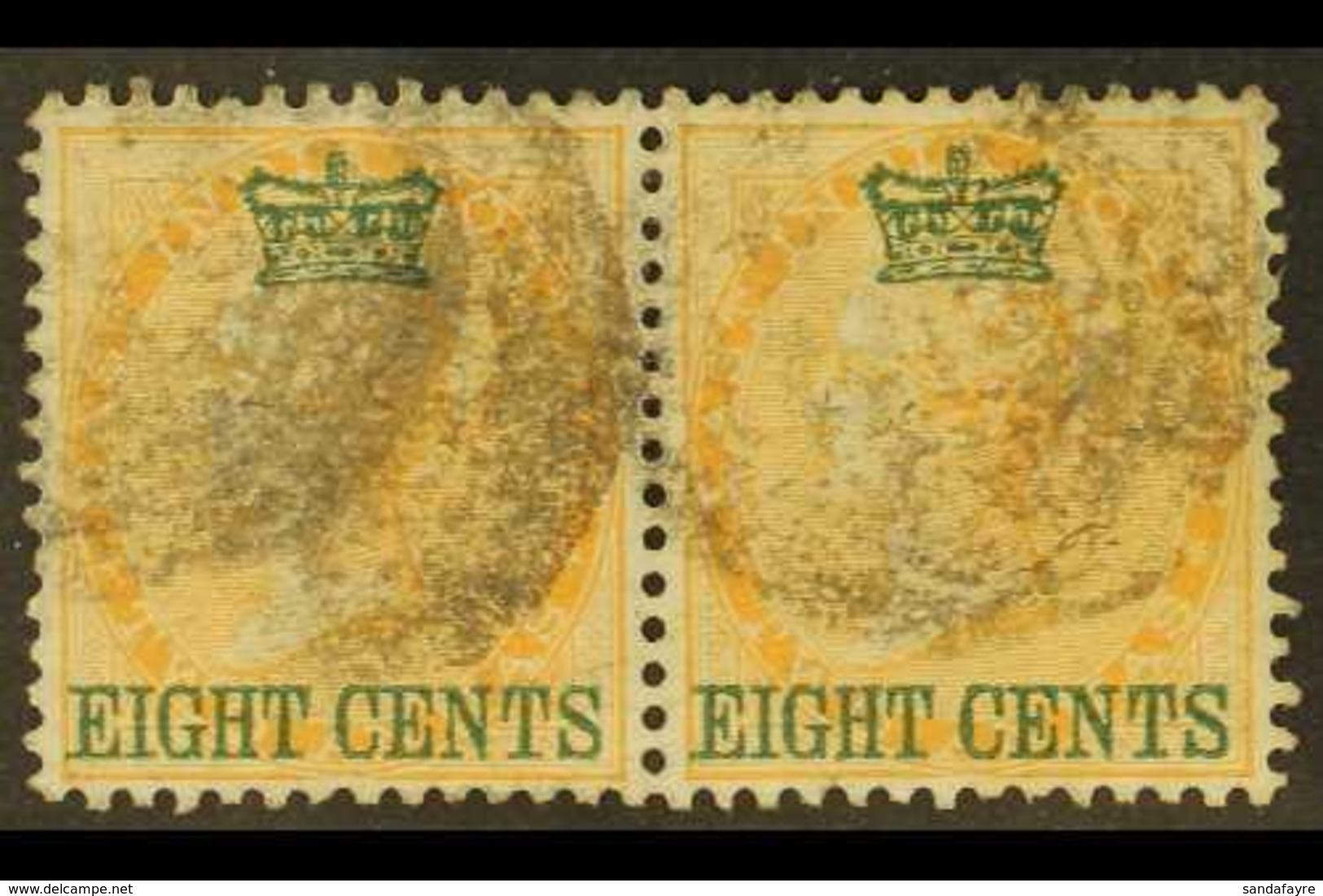 1867 8c On 2a Yellow, SG 6, Used PAIR. Multiples Are Rarely Encountered. For More Images, Please Visit Http://www.sandaf - Straits Settlements