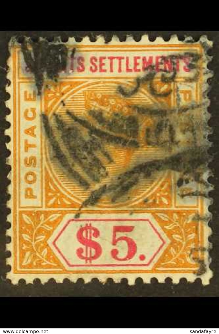 1892-99 $5 Orange & Carmine, SG 105, Used With Heavy Cancels For More Images, Please Visit Http://www.sandafayre.com/ite - Straits Settlements