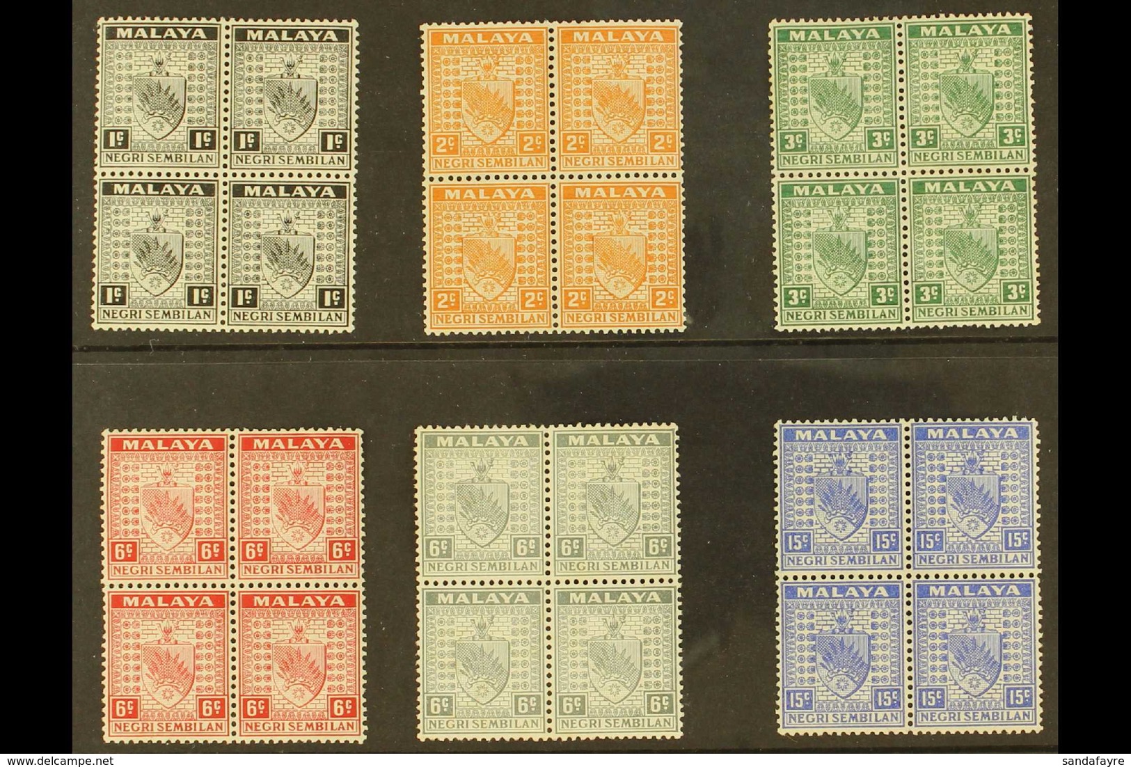 NEGRI SEMBILAN 1935-41 1c Black, 2c Orange, 3c Green, 6c Scarlet, 6c Grey And 15c Ultramarine In Mint BLOCKS OF FOUR, At - Other & Unclassified