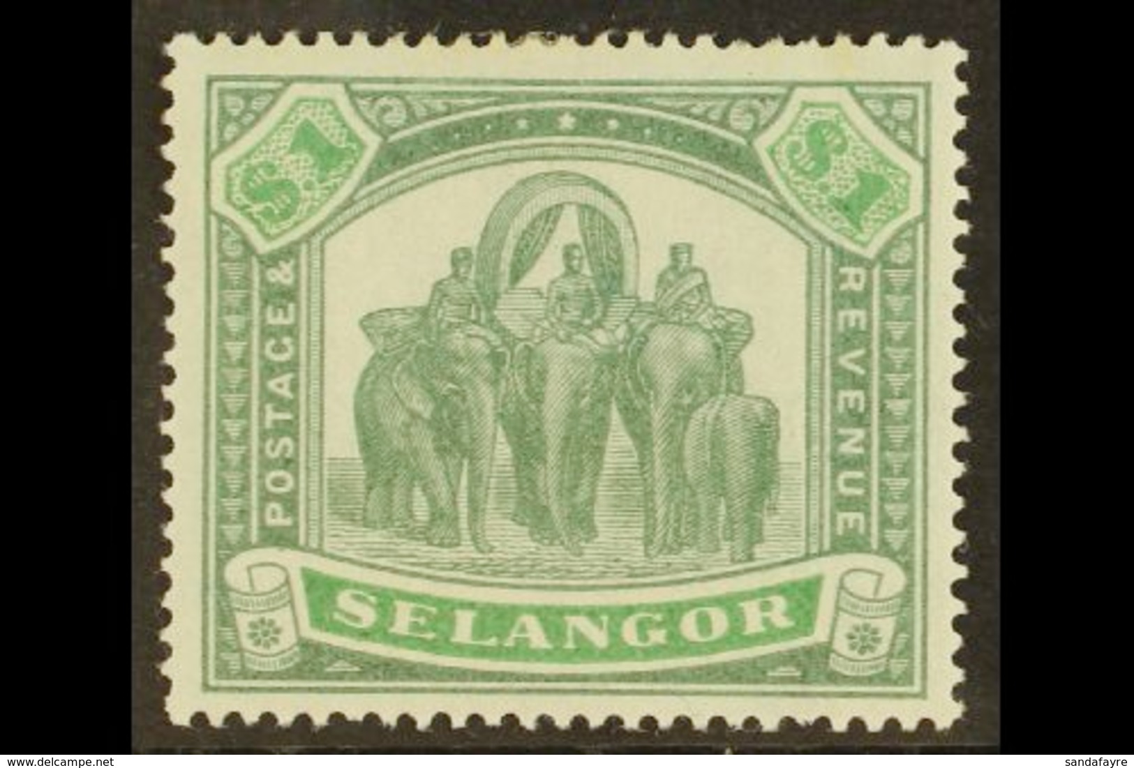 SELANGOR 1895 $1 Green And Yellow Green Elephants, SG 61, Very Fine And Fresh Mint. For More Images, Please Visit Http:/ - Sonstige & Ohne Zuordnung