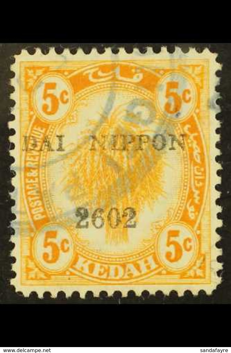 KEDAH 1942-43 5c Yellow With BLACK Overprint, SG J4a, Very Fine Used. For More Images, Please Visit Http://www.sandafayr - Andere & Zonder Classificatie