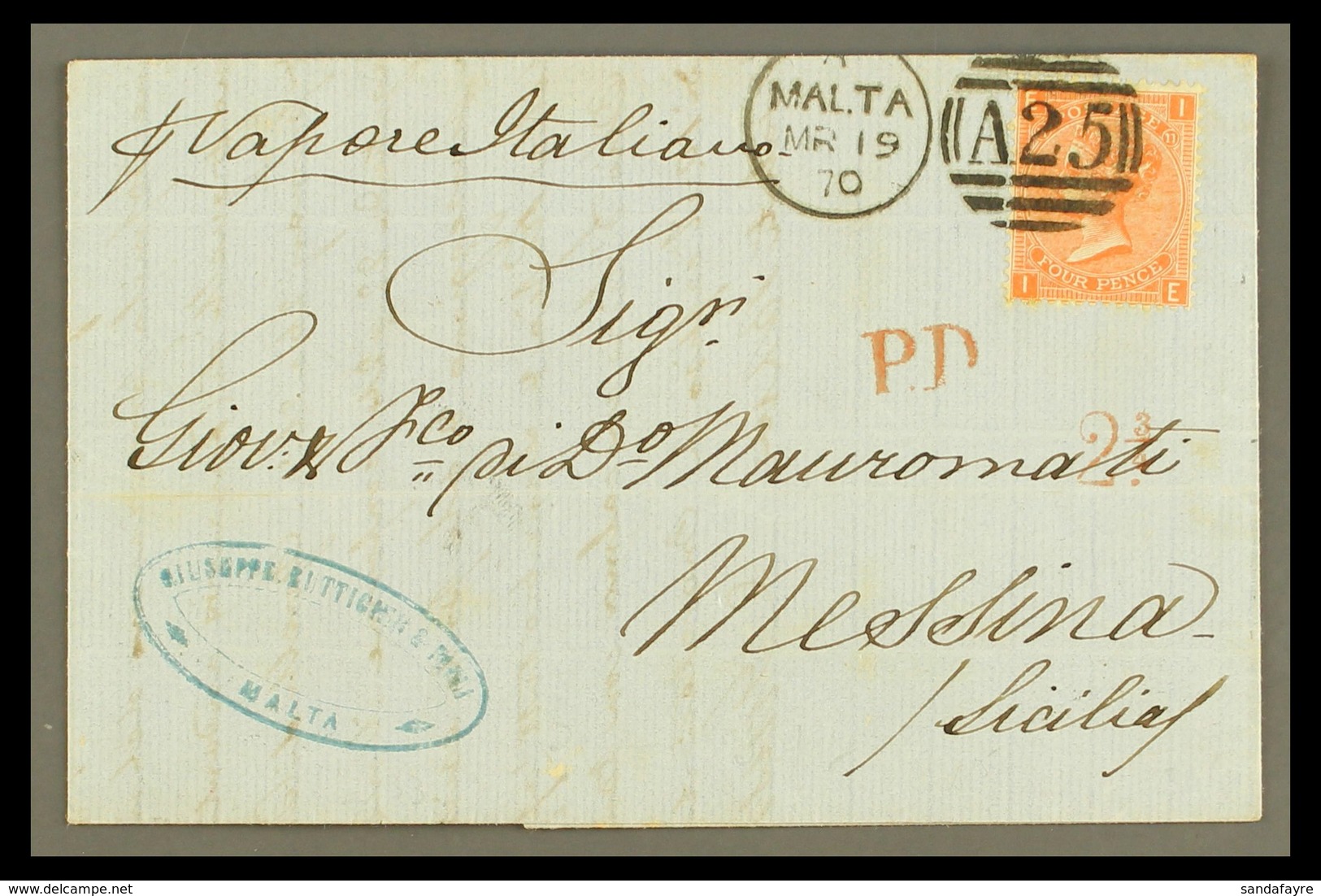 1870 ENTIRE LETTER TO SICILY Bearing Great Britain 4d Plate 11 Tied By "MALTA / A25" Duplex Cancel, Endorsed "via Italia - Malta (...-1964)