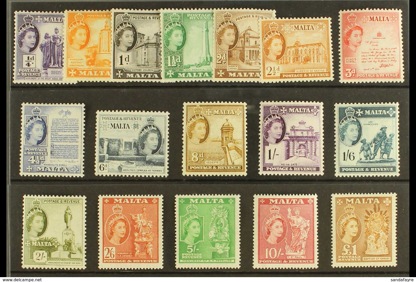 1956-58 Definitives Complete Set, SG 266/82, Never Hinged Mint. (17 Stamps) For More Images, Please Visit Http://www.san - Malta (...-1964)