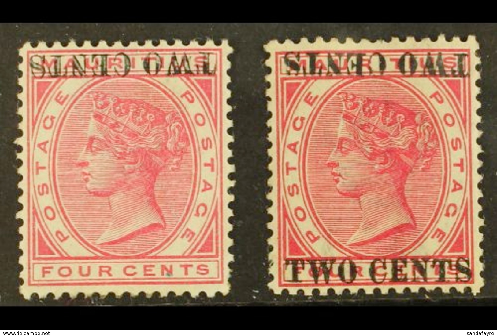 1891 2c On 4c Carmine SURCHARGE INVERTED Variety (one Short Perf), SG 118a, And 2c On 4c Carmine SURCHARGE DOUBLE, ONE I - Maurice (...-1967)