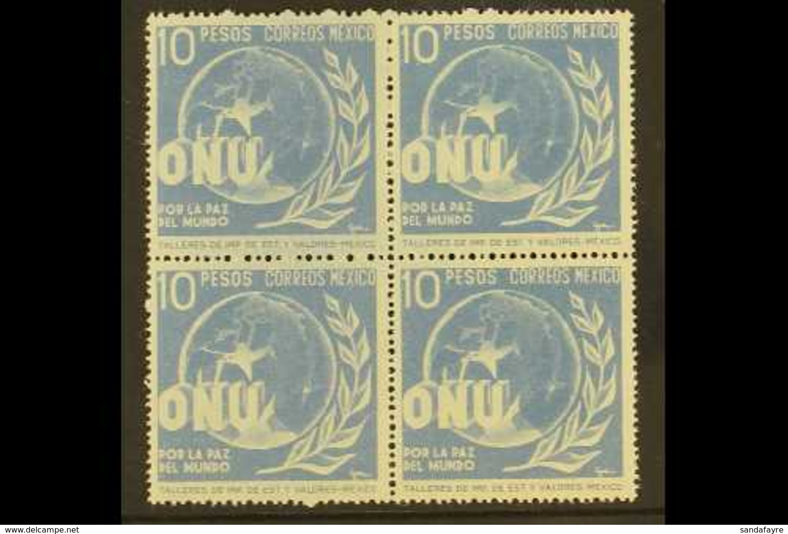 1946 10 Peso Ultramarine "United Nations", SG 771, Scott 818, Never Hinged Mint Block Of 4 (4 Stamps) For More Images, P - Mexique