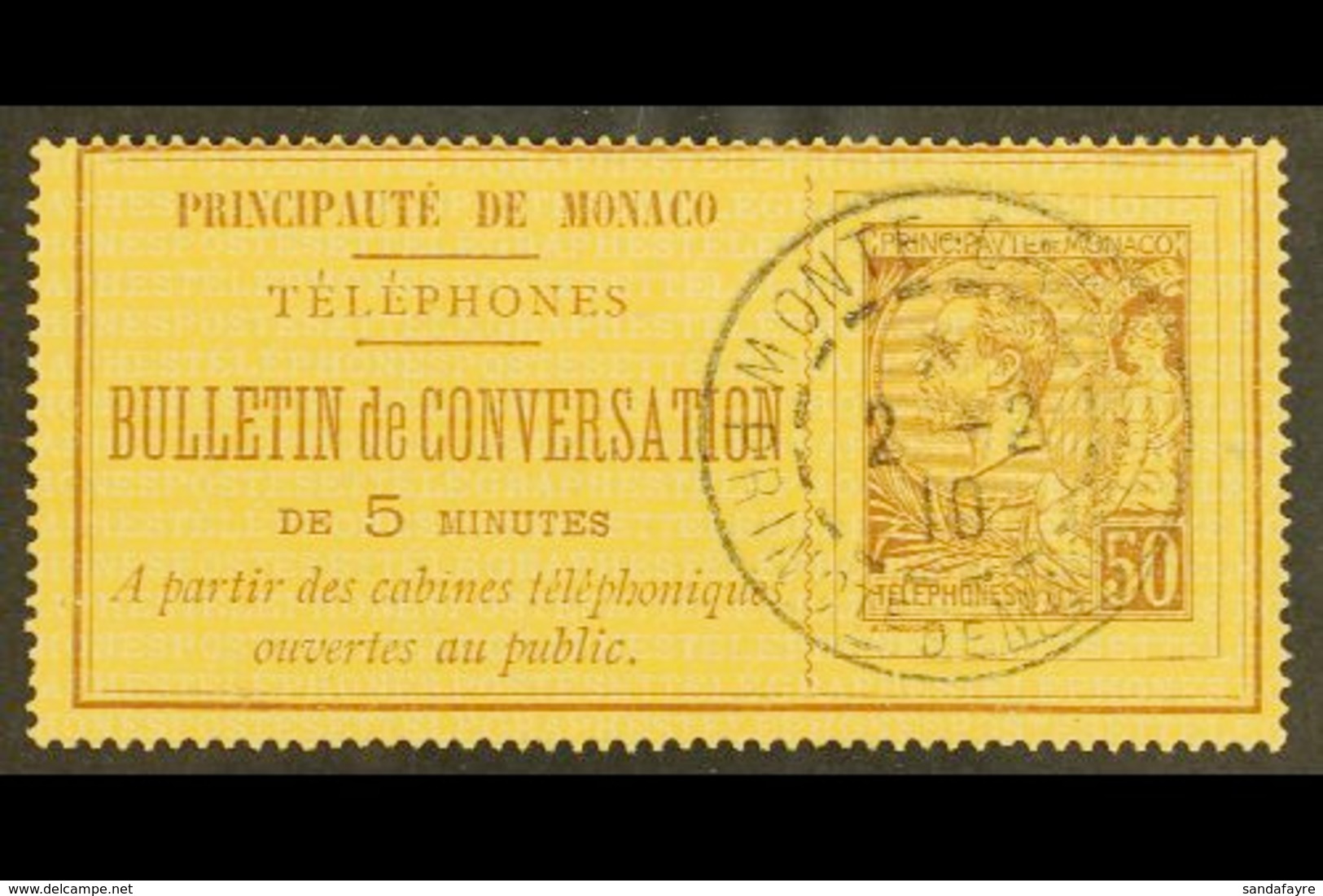 TELEPHONE STAMP. 1886 50c Brown On Yellow, Yvert 1, Very Fine Used. Scarce. For More Images, Please Visit Http://www.san - Sonstige & Ohne Zuordnung