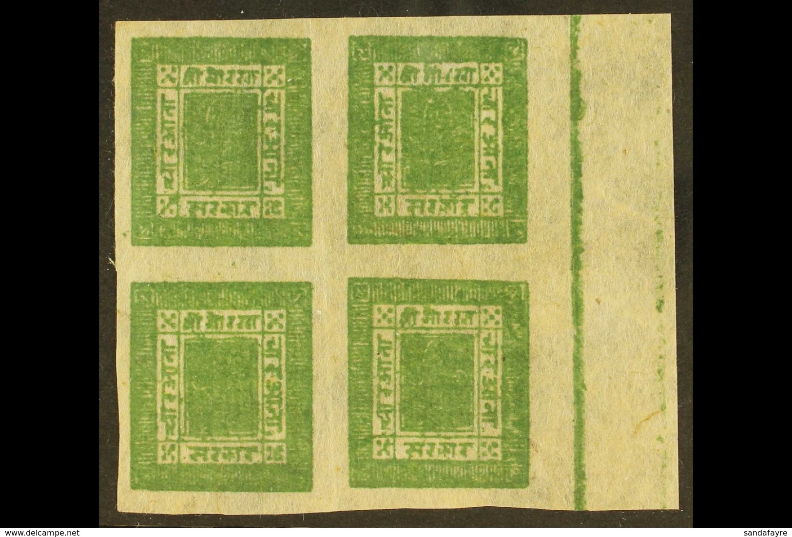 1886-98 4a Green, Imperf On Native Paper (SG 9, Scott 9, Hellrigl 10), Marginal BLOCK OF FOUR (setting 8, Positions 47-4 - Népal