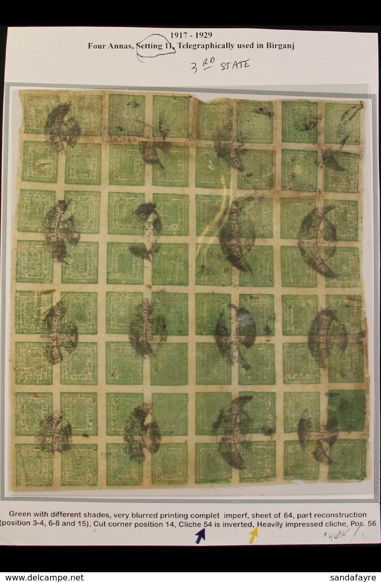 1917-30 4a Yellow-green (SG 41, Scott 17, Hellrigl 43f), Setting 11, Third State, A COMPLETE SHEET OF 64 (partially Reco - Népal