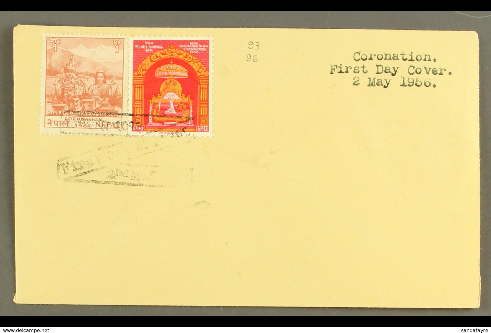1956 (2 May) 6p And 1r Coronation Stamps On FIRST DAY COVER, Unaddressed With Typed FDC Inscription, The Stamps Tied By  - Népal
