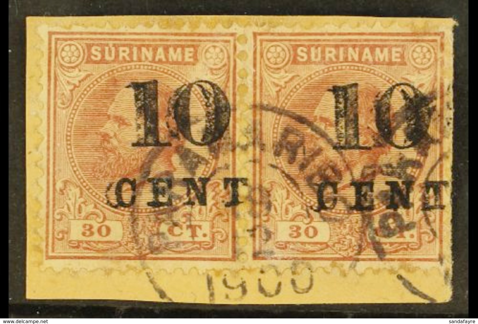 SURINAM 1898 10c On 30cent Lilac Brown, Horizontal Pair, Variety "double Overprint", NVPH 33fa, Fine Used On Piece. For  - Sonstige & Ohne Zuordnung