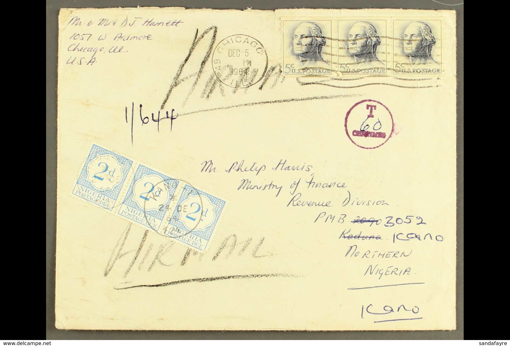 1964 (5 Dec) Env Hand-endorsed "Airmail" From Chicago To Kano, Northern Nigeria Bearing A Strip Of Three USA 5c Stamps W - Nigeria (...-1960)