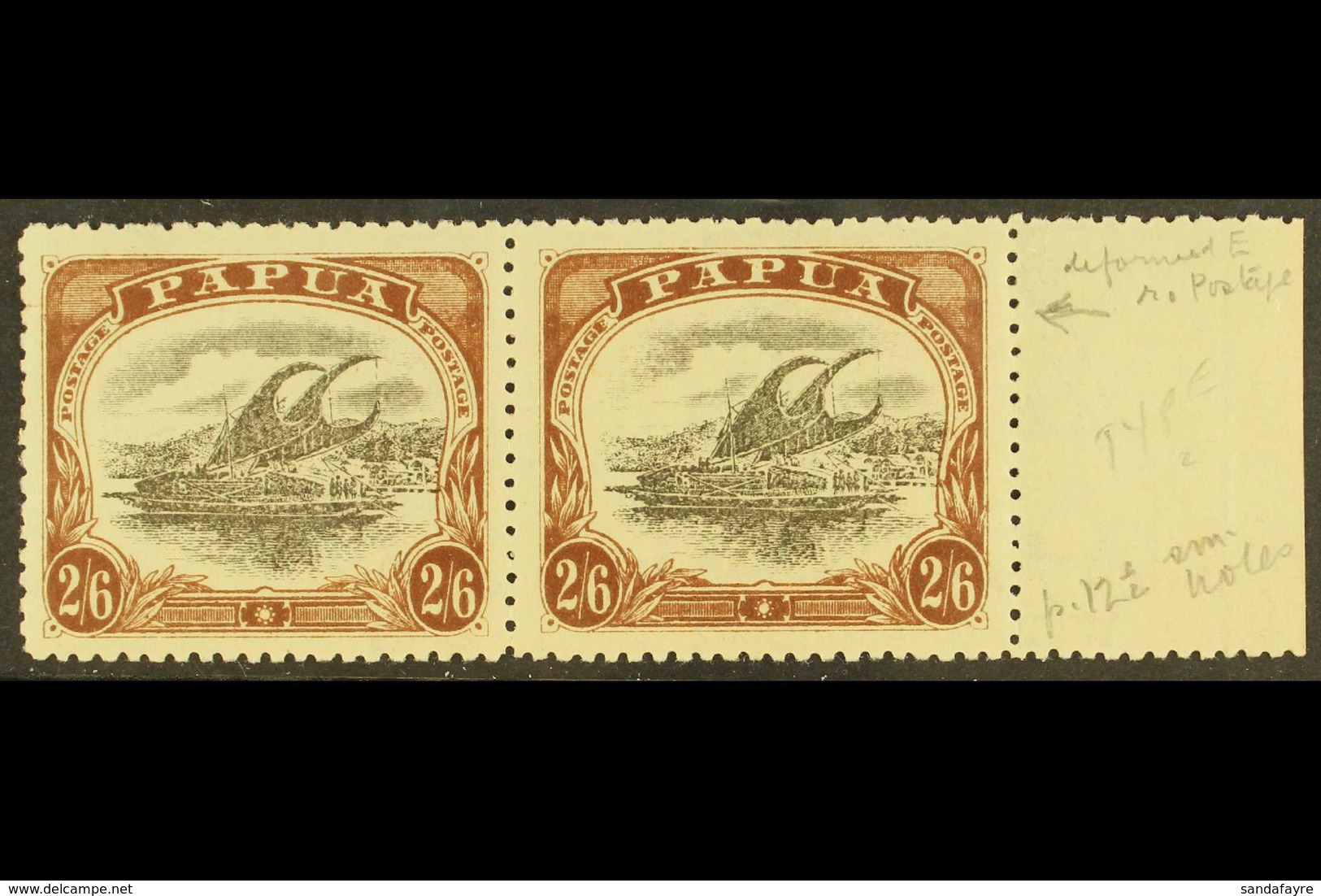 1910-11 2s6d Black & Brown Lakatoi Type C, SG 83, Fine Mint Marginal Pair, One Stamp With DEFORMED "E" AT LEFT Variety ( - Papoea-Nieuw-Guinea