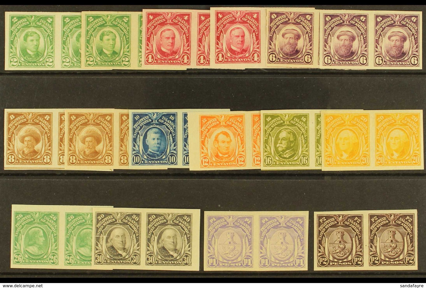 1925 - 31 Complete Basic Set To 2p In Imperf Pairs, Between Sc. 340-351 Including Some Shades. (16 Pairs) For More Image - Philippinen