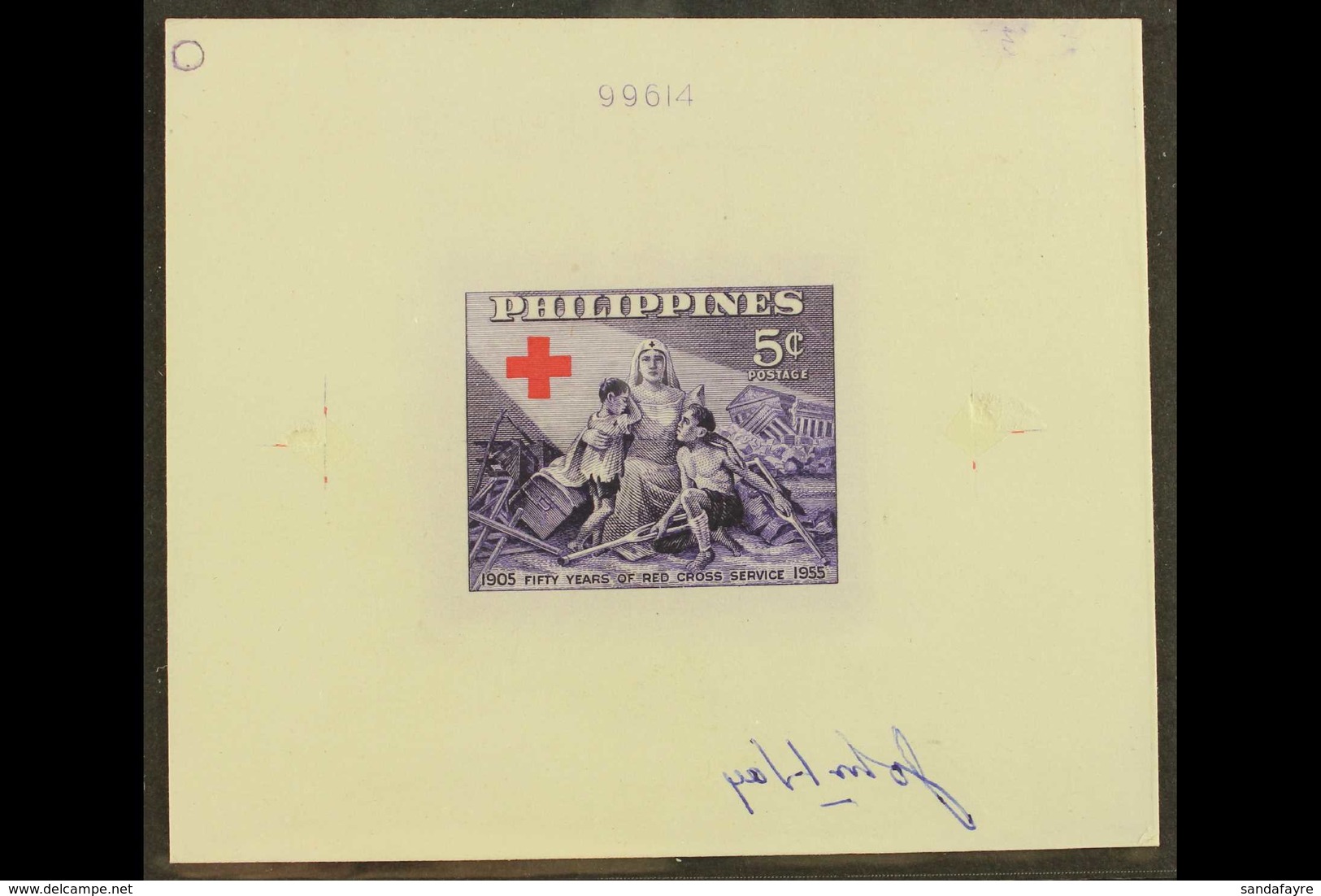 1956 IMPERF DIE PROOF For The 5c Red Cross Issue (Scott 627, SG 788), Printed In The Issued Colours With Die Number Abov - Filippijnen