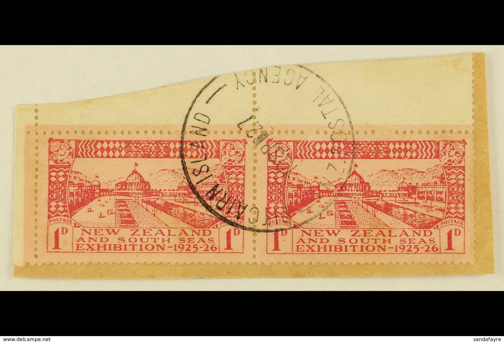 1925 1d Carmine On Rose Dunedin Exhibition Of New Zealand, Horiz Marginal Pair Tied To A Piece By Very Fine Near Complet - Pitcairn Islands