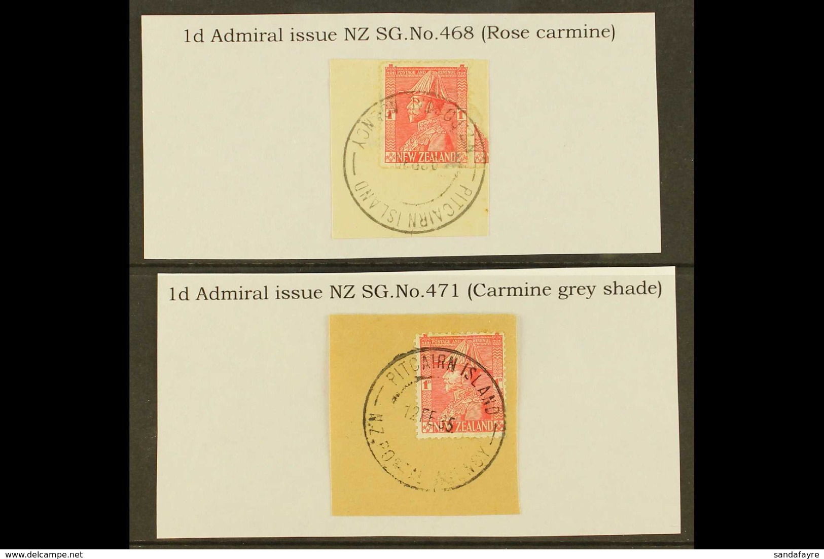 1926-27 1d Carmine "Admiral" Of New Zealand, Two Different Shades, Each On Piece Tied By Fine Full "PITCAIRN ISLANDS" Cd - Pitcairneilanden