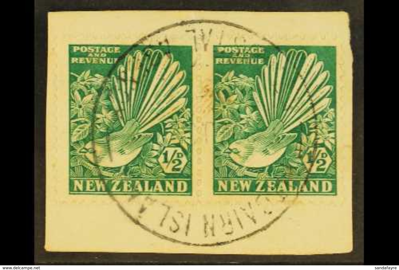 1935 ½d Bright Green Fantail, Horiz Pair Tied To A Piece By Full "PITCAIRN ISLAND" Cancel (date Not Readable), SG Z22.   - Pitcairninsel