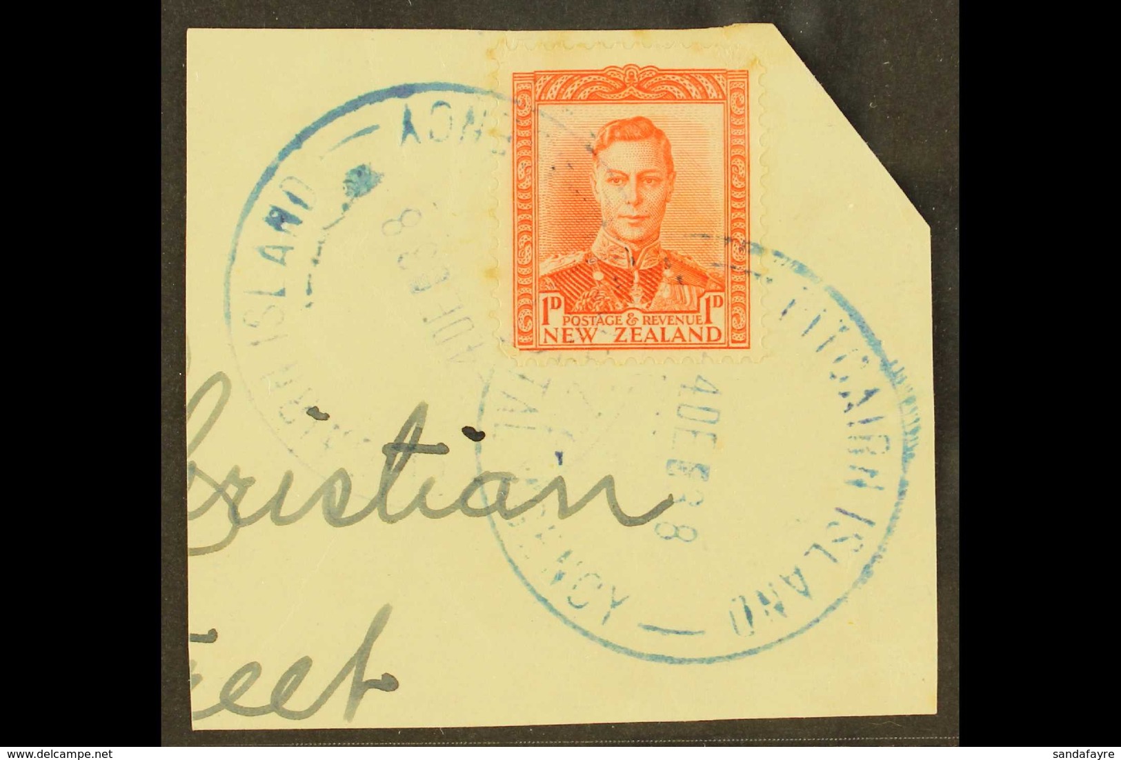 1938 1d Scarlet KGVI Of New Zealand, On Piece Tied By Fine Full "PITCAIRN ISLAND" Cds Cancels Of 4 DE 38, SG Z59. For Mo - Pitcairneilanden