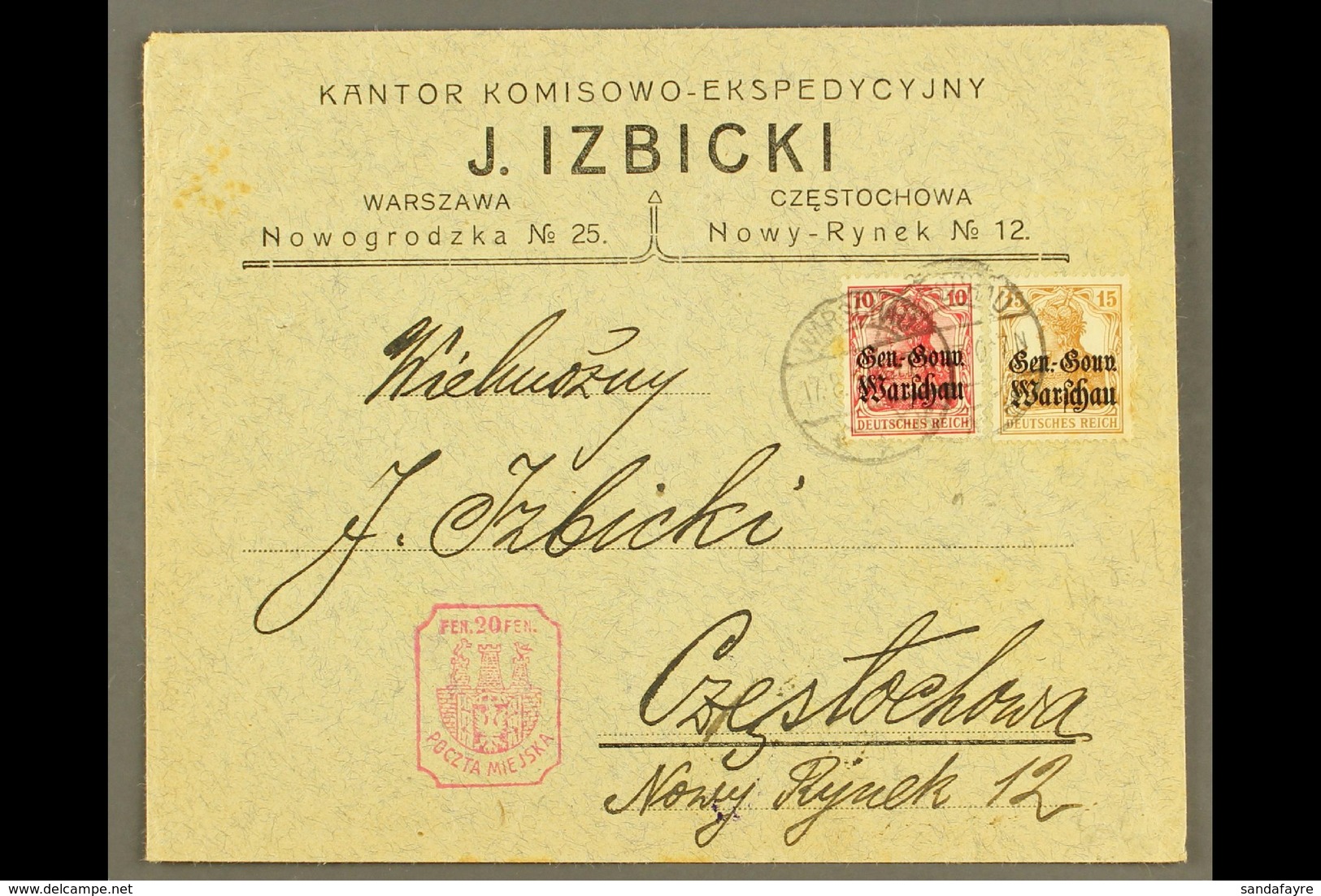 LOCAL TOWN POST CZESTOCHOWA 1917 (17 Aug) Cover Bearing Gen-Gouv Warschau 10pf & 15pf Stamps Tied By "Warschau" Cds's An - Andere & Zonder Classificatie