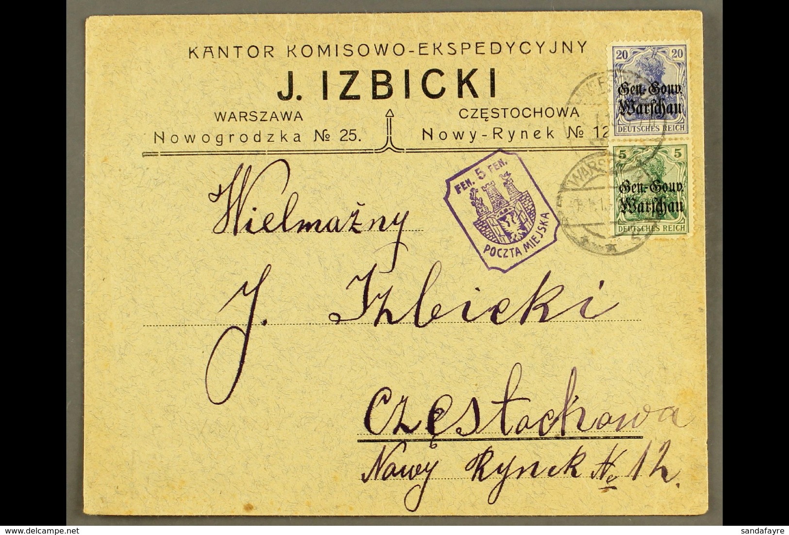 LOCAL TOWN POST CZESTOCHOWA 1918 (10 Jan) Cover Bearing Gen-Gouv Warschau 5pf & 20pf Stamps Tied By "Warschau" Cds's And - Other & Unclassified