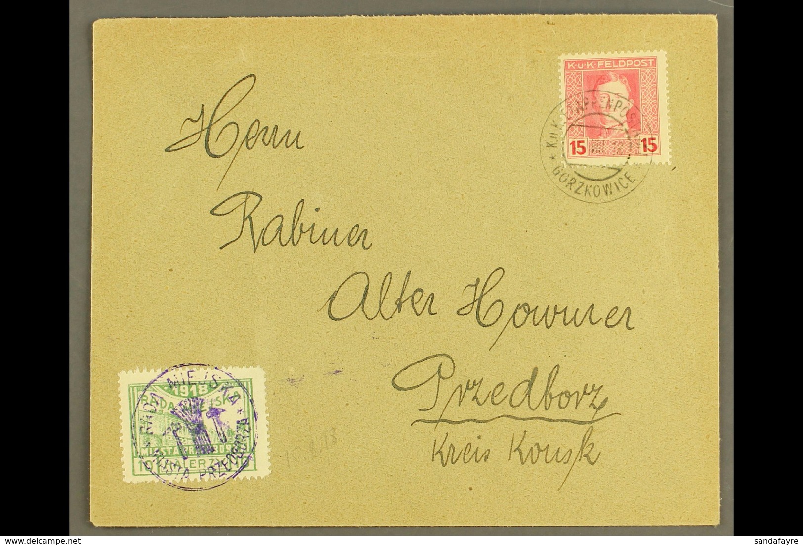 LOCAL TOWN POST PRZEDBORZ 1918 (15 Aug) Cover Bearing Austria 15h Feldpost Stamp Tied By "K.u.K. Etappenpostamt Gorzkowi - Autres & Non Classés